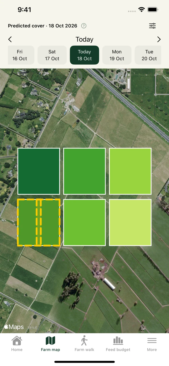 Pasture satellite map in the iPhone app, using an example farm.